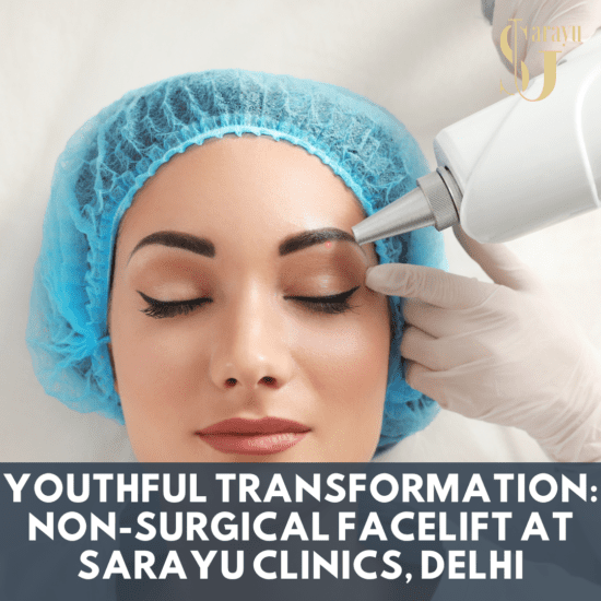 Smiling woman undergoing non-surgical facelift treatment at Sarayu Clinics in Delhi